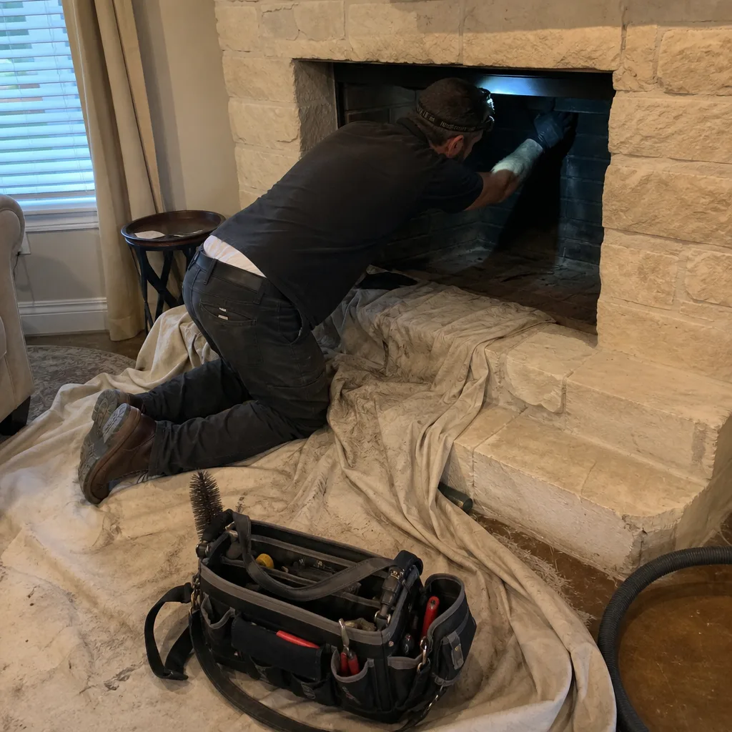 Professional chimney sweep performing a thorough fireplace and chimney inspection