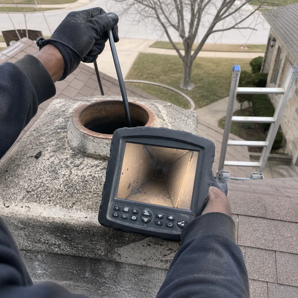 Professional technician using a video camera for residential chimney flue inspection