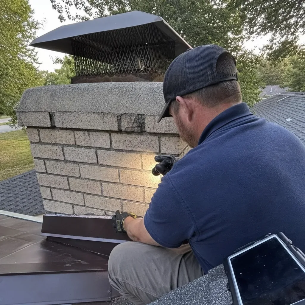 Professional technician performing a comprehensive chimney inspection on a residential roof