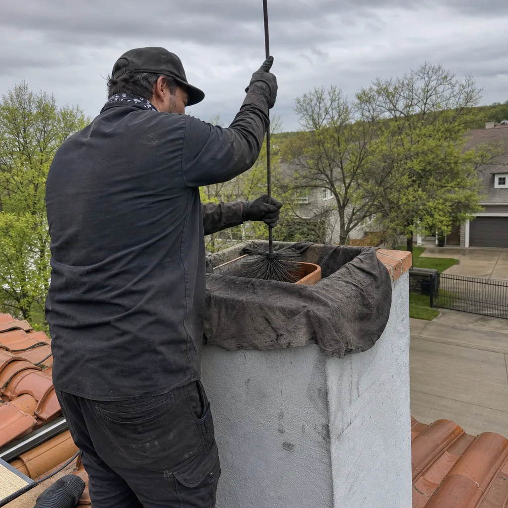 Professional chimney sweep cleaning a rooftop chimney with a wire brush