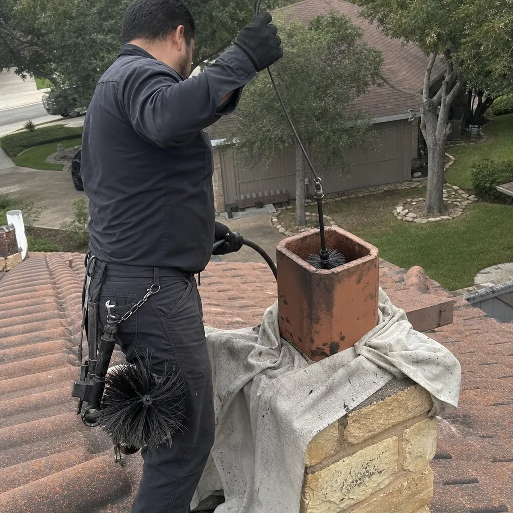 Professional chimney sweep cleaning a residential chimney flue on a rooftop.