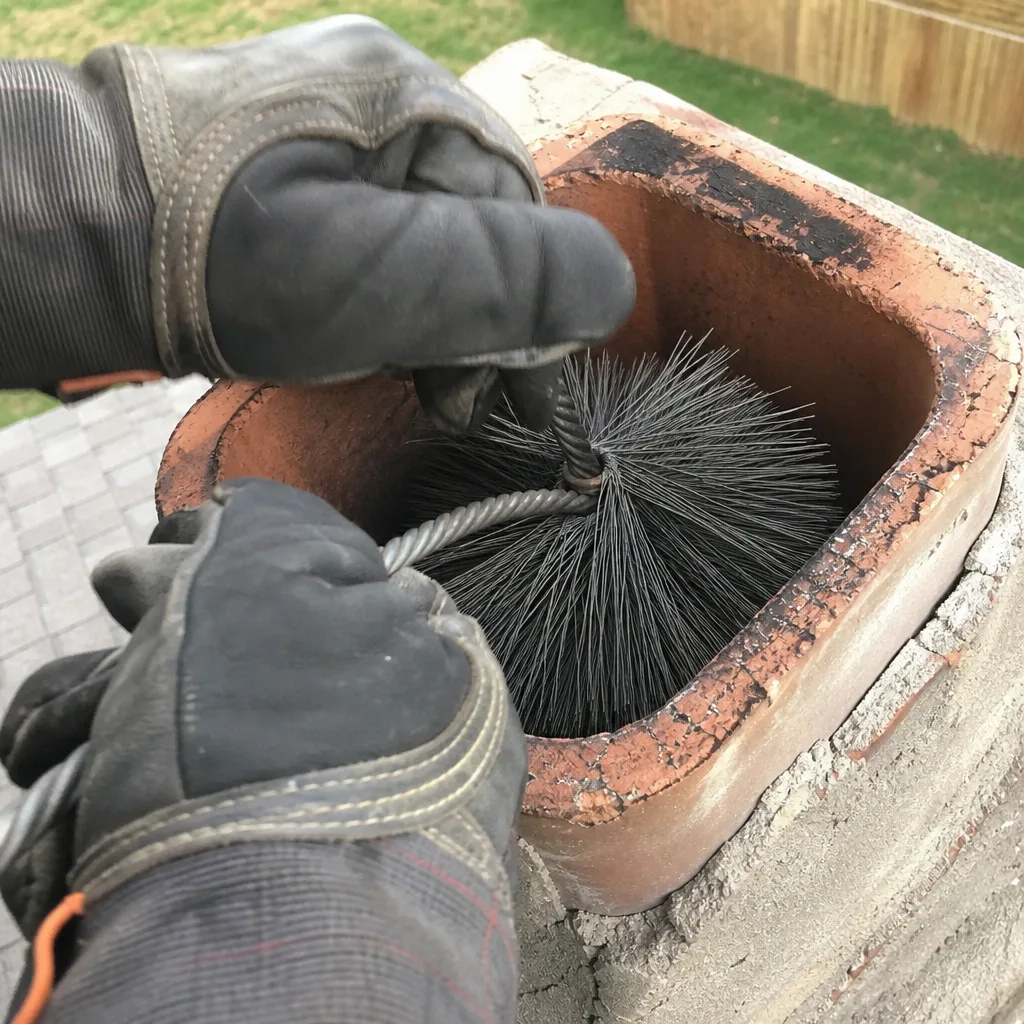 Professional chimney sweep cleaning a fireplace flue with a wire brush