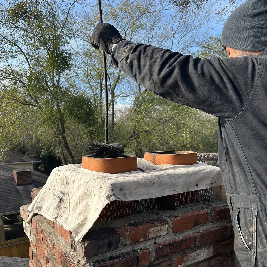 Professional chimney sweep cleaning a brick fireplace flue on a rooftop.